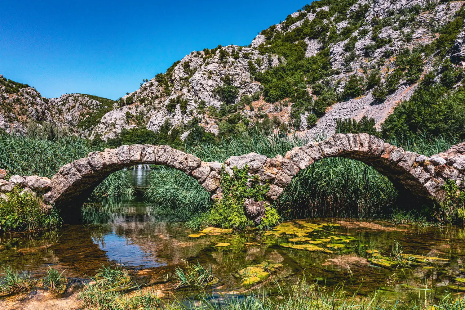 Steinbrücke mit zwei Bögen über einem Bach