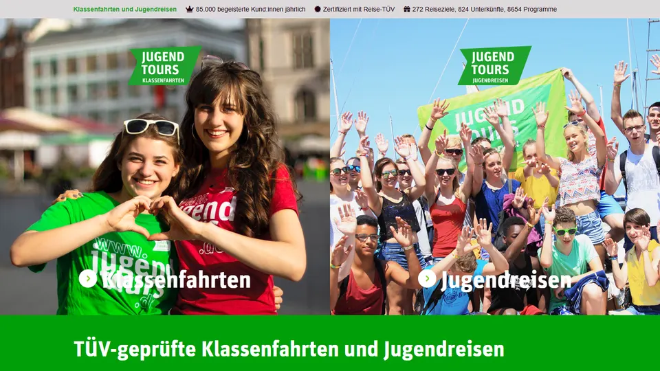 Aktueller Screenshot der Startseite von Jugendtours, Klassenfahrten und Jugendreisen