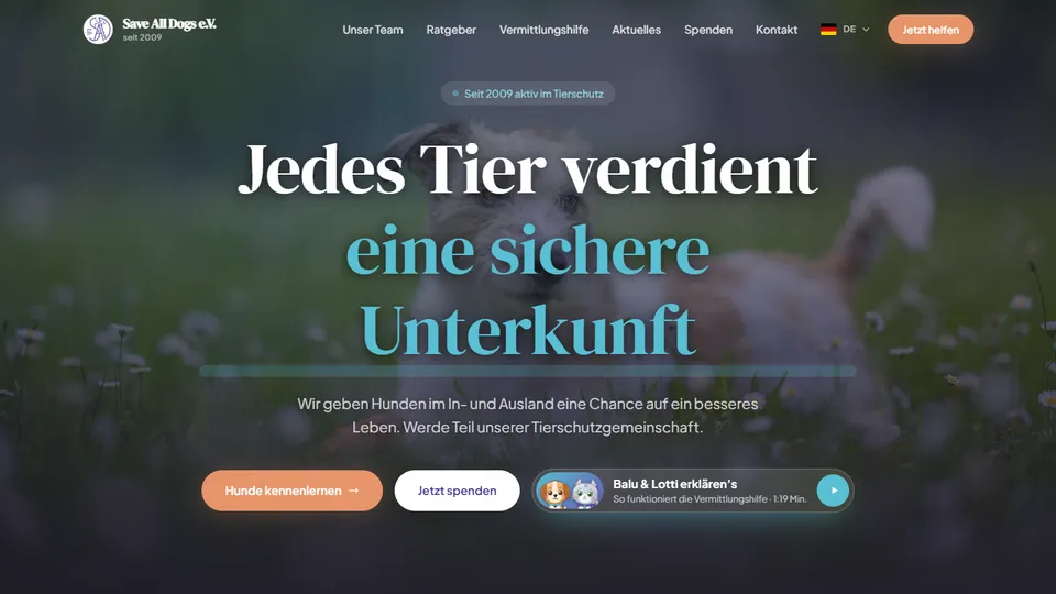 Aktueller Screenshot der Startseite von Save All Dogs e.V., Tierschutzverein seit 2009