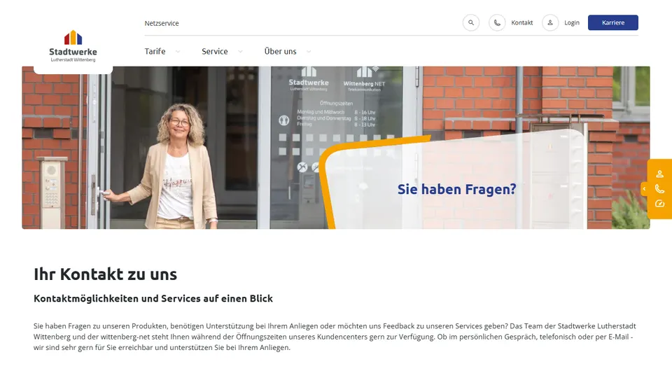 Aktueller Screenshot der Kontaktseite der Stadtwerke Lutherstadt Wittenberg, oben mit einem Foto von Bertram Plischke
