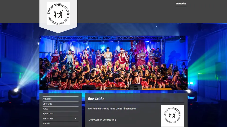 Aktueller Screenshot der Website der Zschornewitzer Tanzgirls und -boys mit einem Foto der Tanzgruppe auf der Bühne