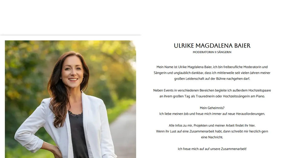Aktueller Screenshot der Startseite von Ulrike Magdalena Baier, Moderatorin und Sängerin