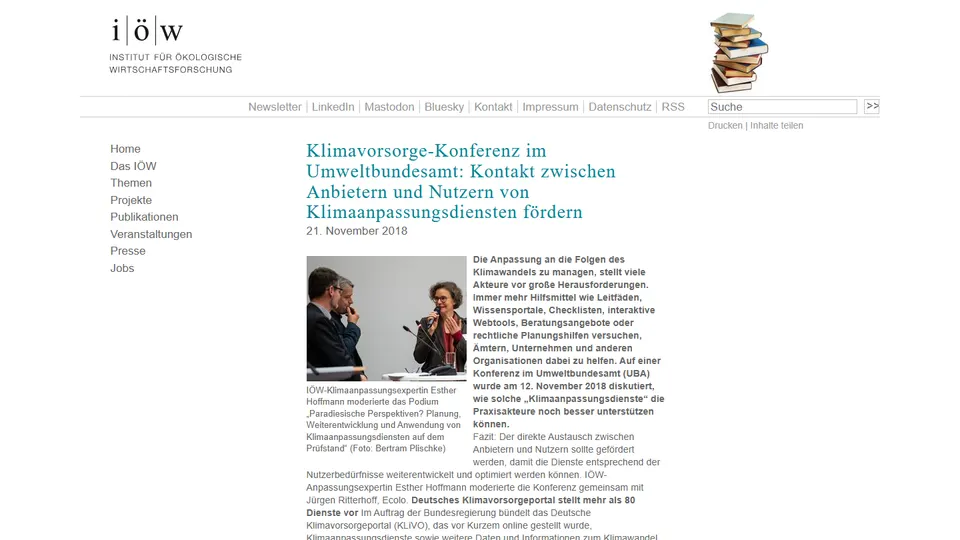 Aktueller Screenshot eines Berichts des Instituts für ökologische Wirtschaftsforschung über die Klimavorsorge-Konferenz im Umweltbundesamt, mit einem Foto von Bertram Plischke